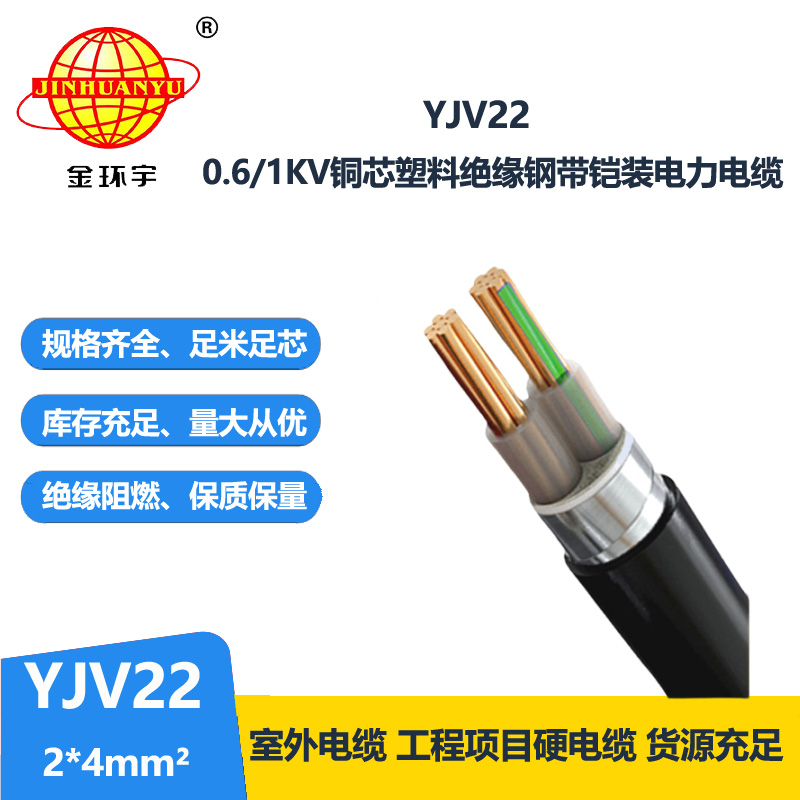 金環(huán)宇電線電纜 銅芯 鎧裝電力電纜YJV22 2X4平方 工程電纜